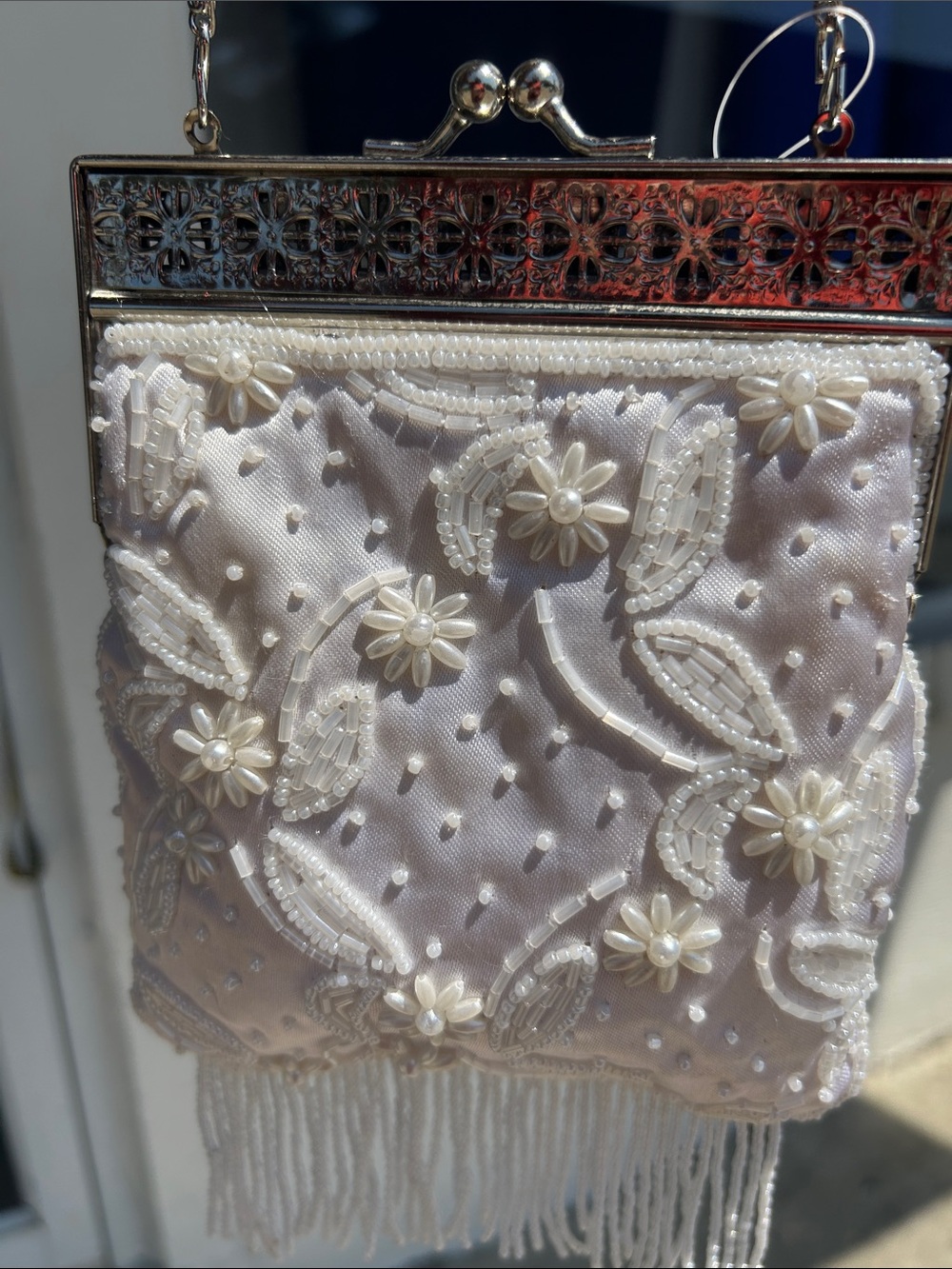 Beaded Ivory Floral Fringe Evening Purse